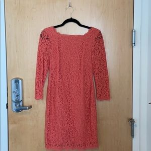 Designer pink coral lace long sleeve dress